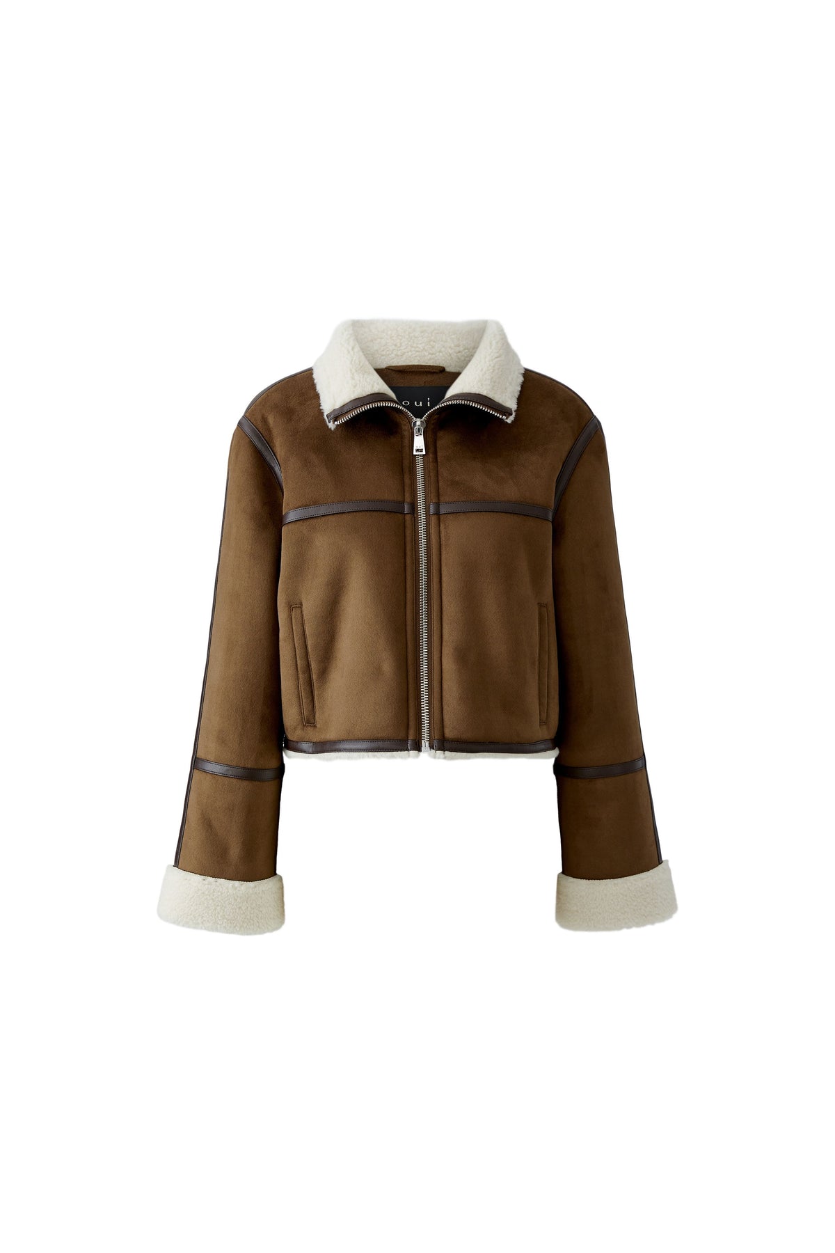 Oui brown faux shearling zip jacket with cream collar and cuffs – product front view