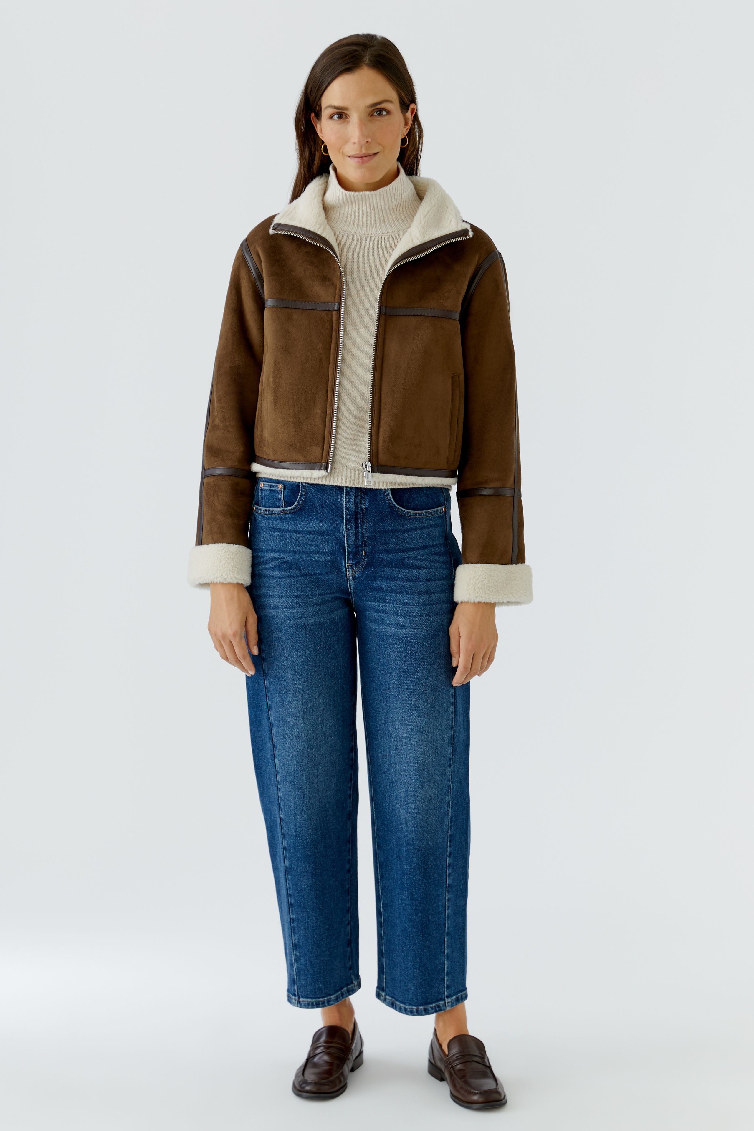 Oui brown cropped faux shearling jacket with cream lining – full front view
