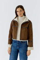 Oui brown cropped faux shearling funnel neck jacket – front model view