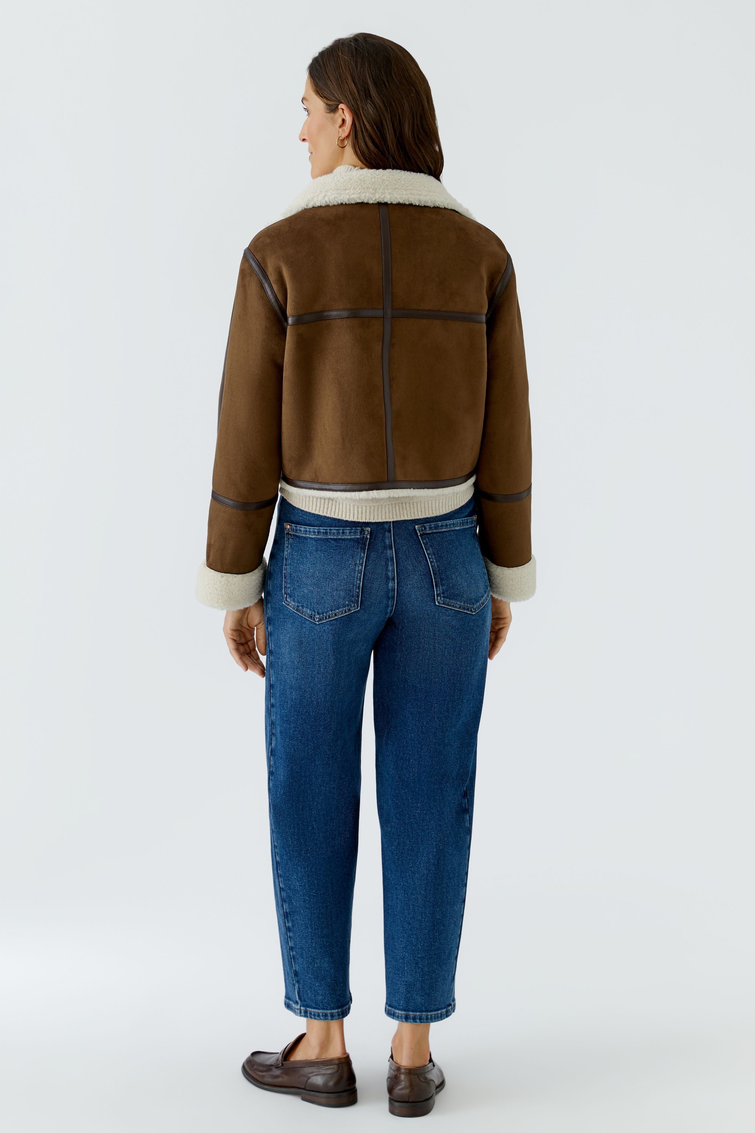 Oui brown cropped faux shearling jacket – back model view