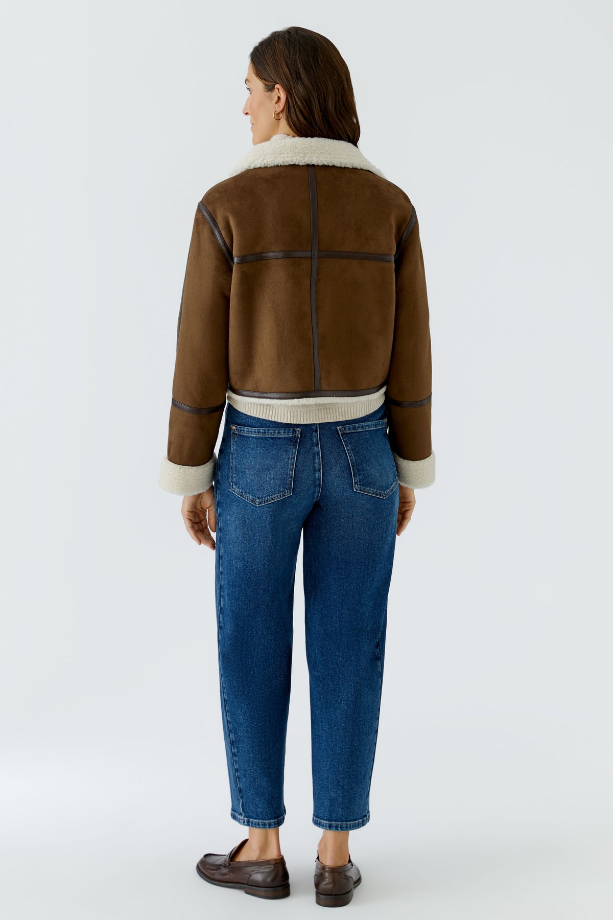 Oui brown cropped faux shearling jacket – back model view