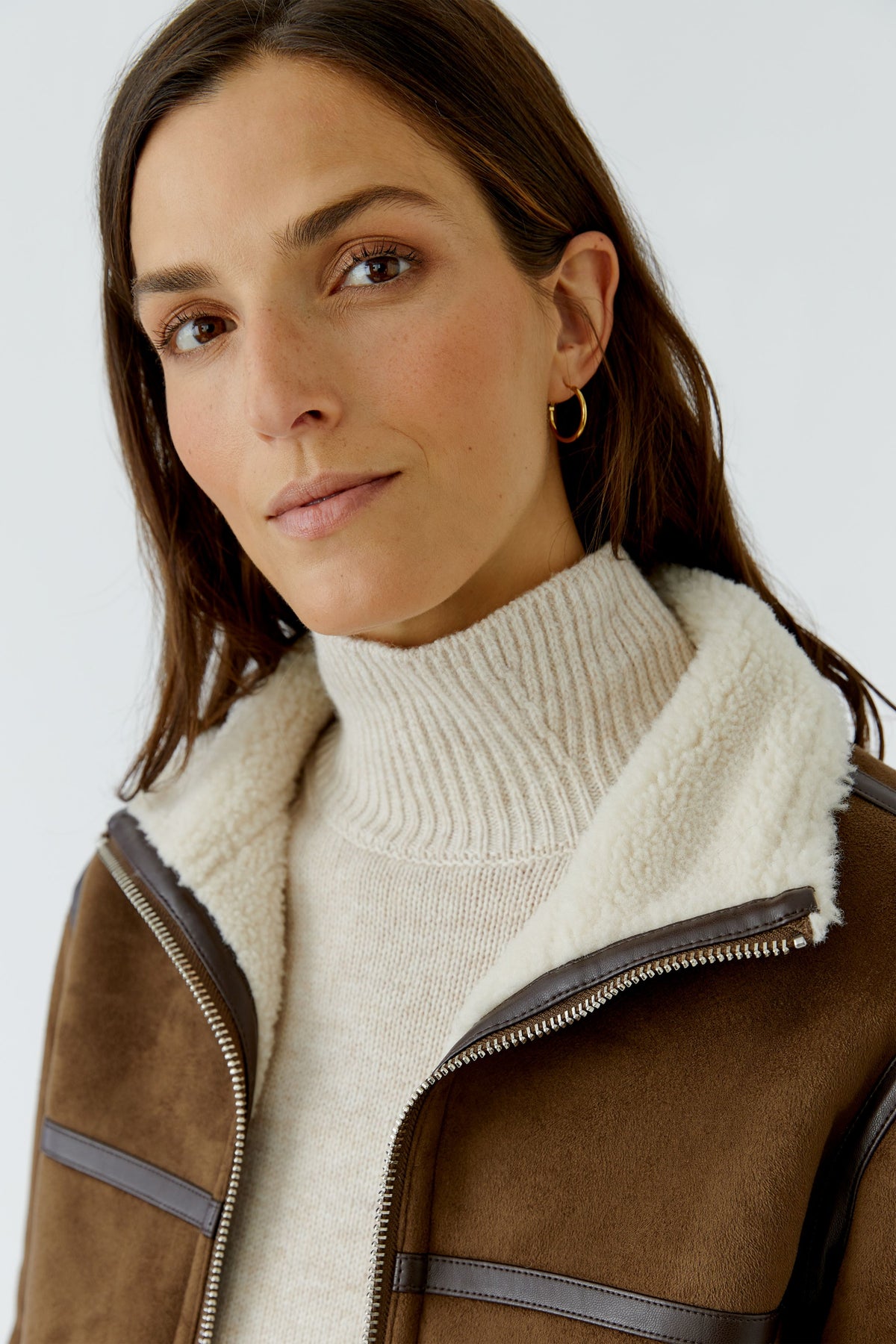 Oui brown faux shearling jacket with cream collar – close-up detail
