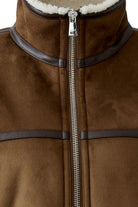     Oui brown faux shearling jacket with dark contrast trim and zip – close-up funnel neck 