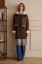 Oui brown faux shearling jacket styled for autumn – lifestyle view