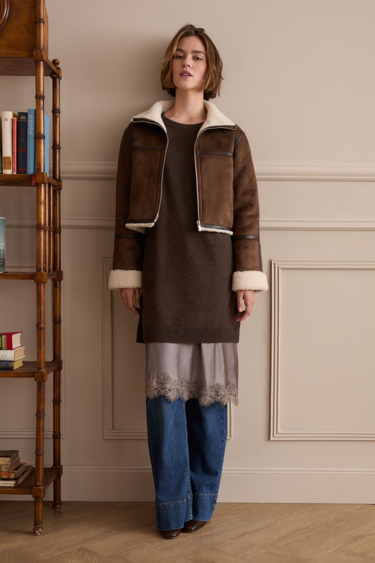 Oui brown faux shearling jacket styled for autumn – lifestyle view