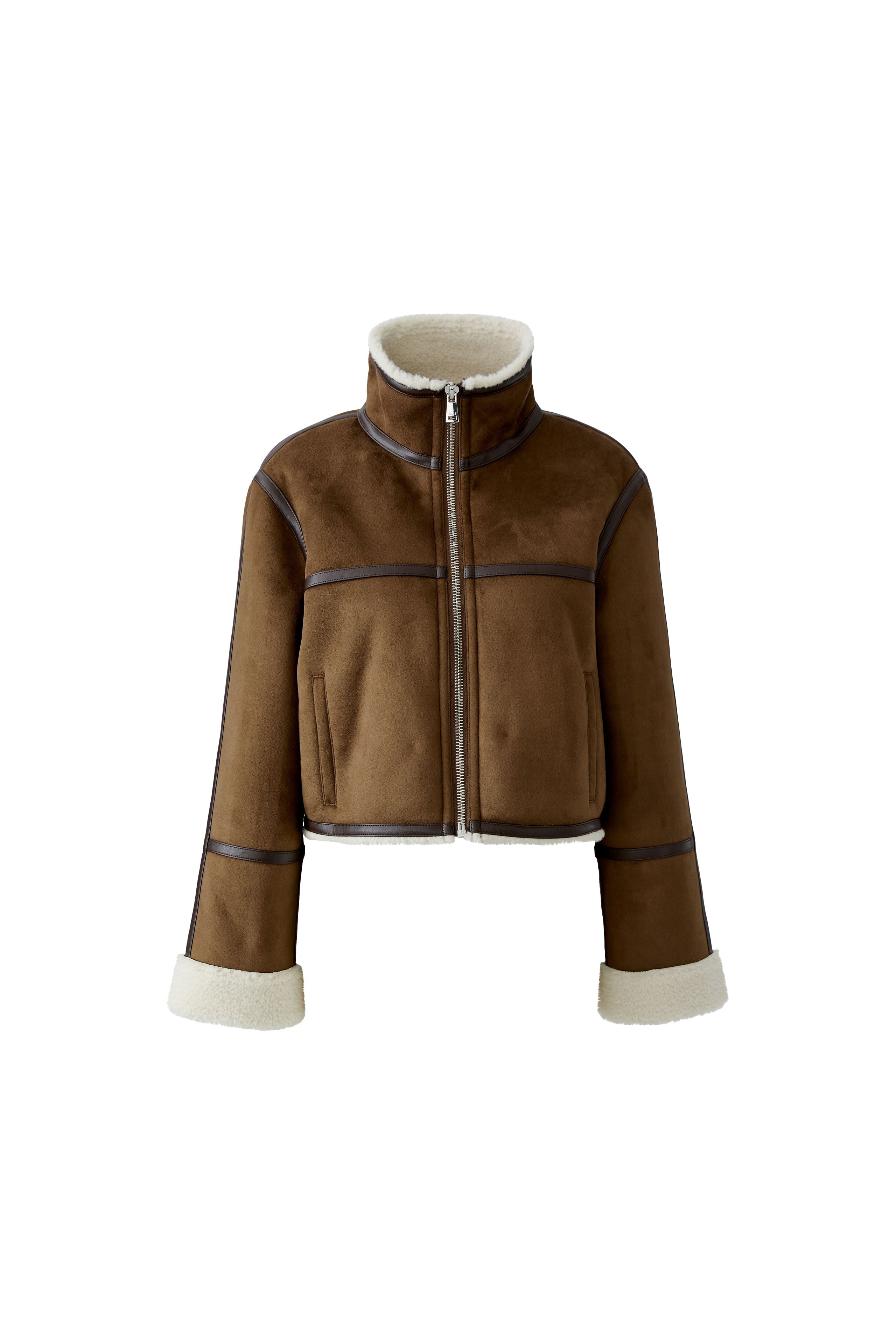 Oui brown cropped faux shearling jacket with high zipped collar – product front view