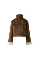 Oui brown faux shearling jacket with contrast seam trim – product back view