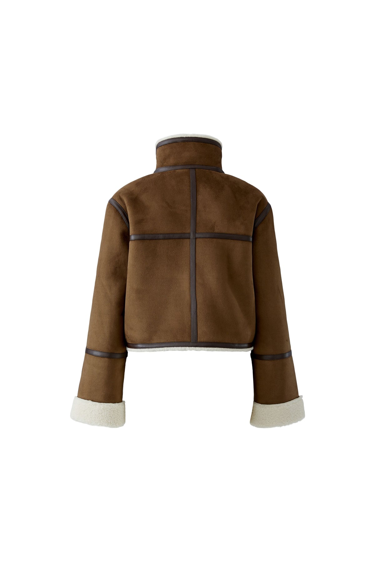 Oui brown faux shearling jacket with contrast seam trim – product back view