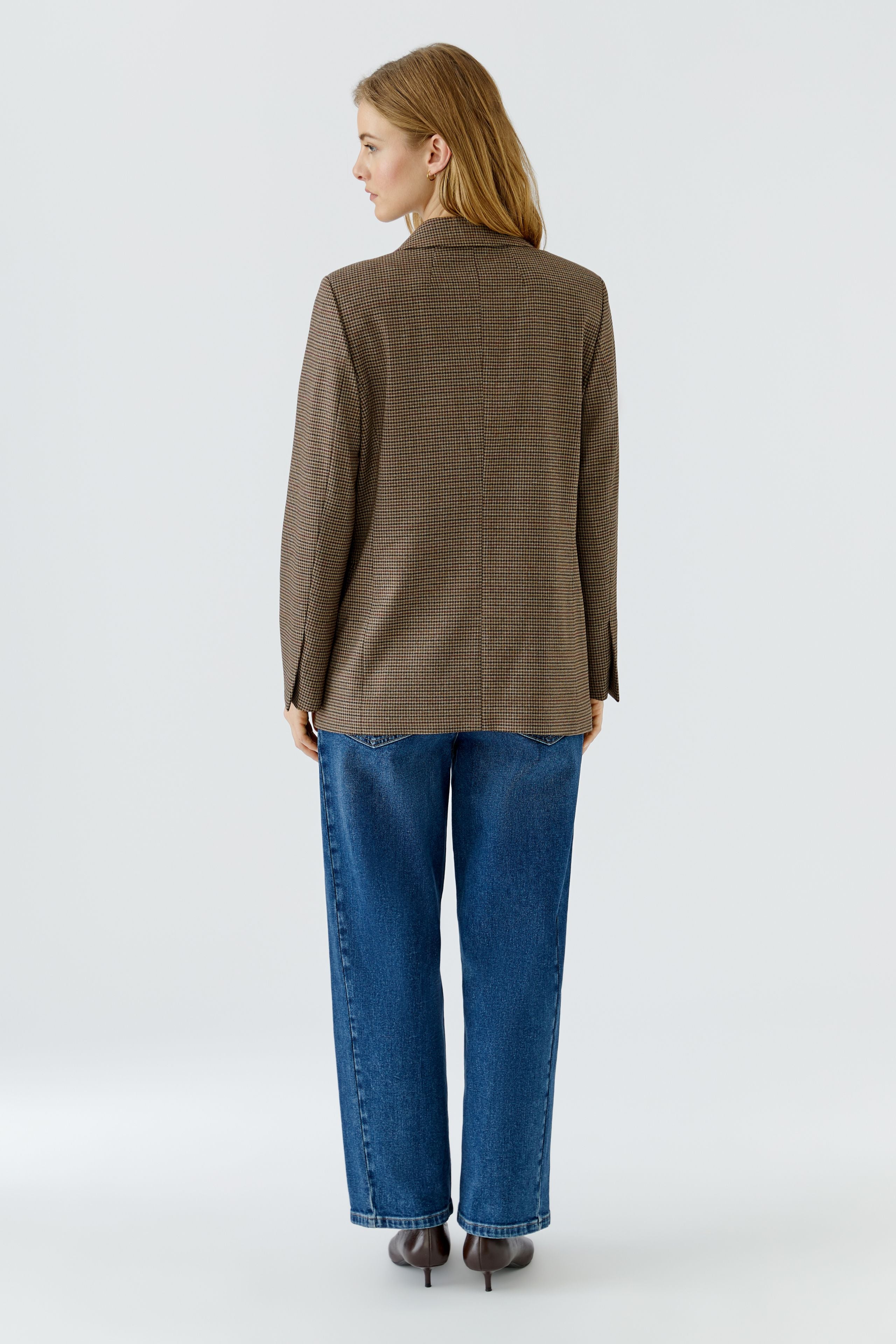 Oui brown micro-check blazer with relaxed tailoring and long sleeves – back model view