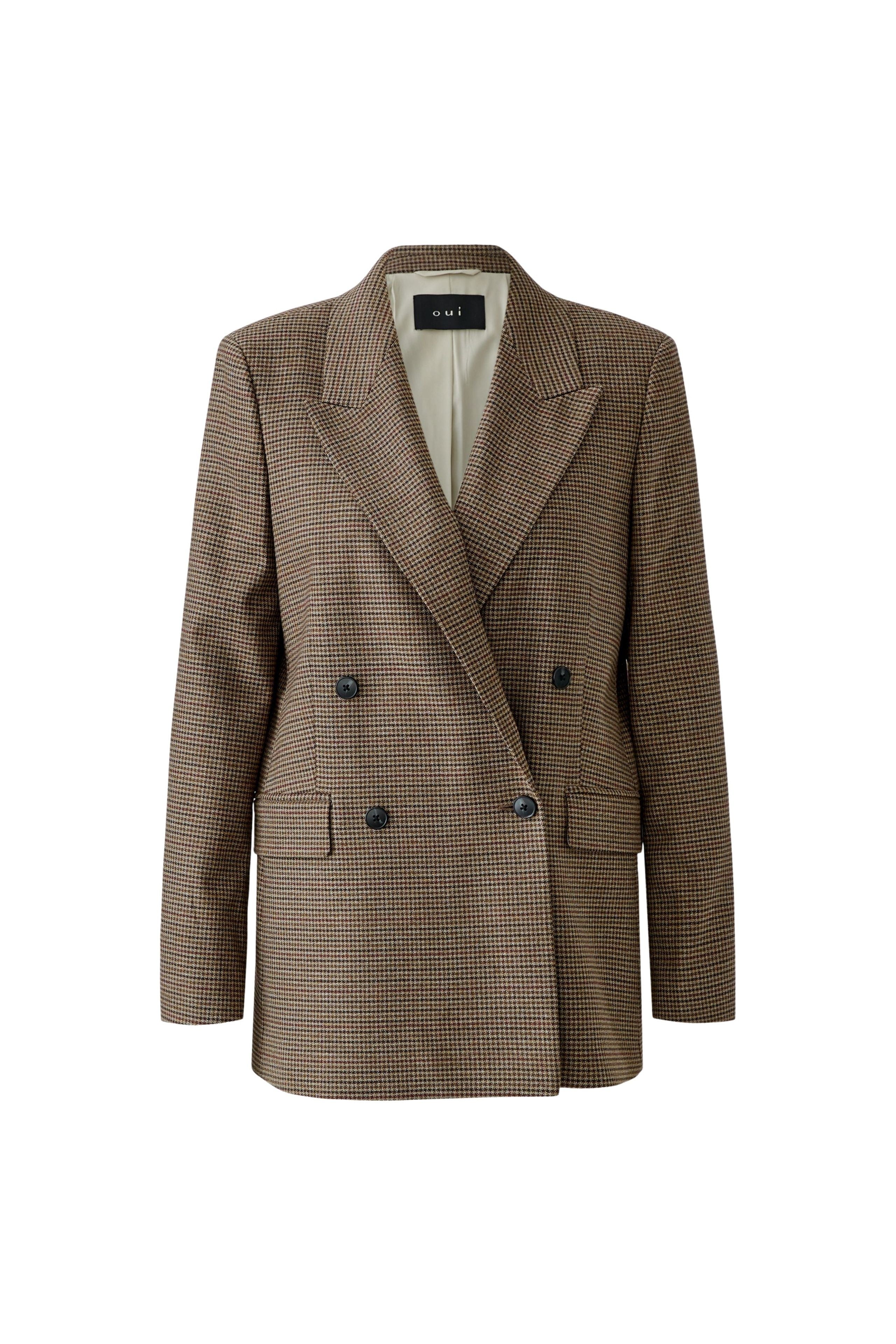 Oui brown and black double-breasted checked blazer with flap pockets – front product view