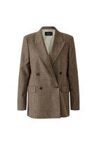 Oui brown and black double-breasted checked blazer with flap pockets – front product view
