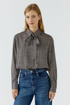 Oui brown check tie-neck blouse with detachable bow – front model view