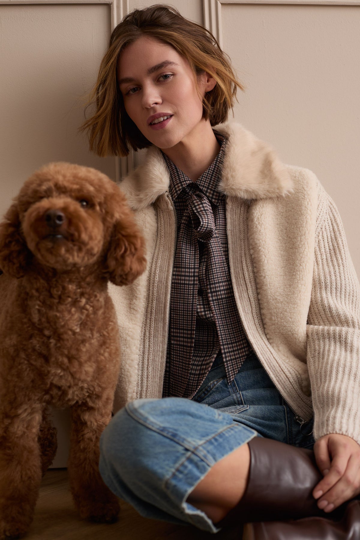 Oui brown check tie-neck blouse styled under cream jacket – lifestyle view