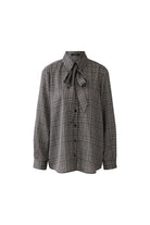 Oui brown check tie-neck blouse with button front – product front view