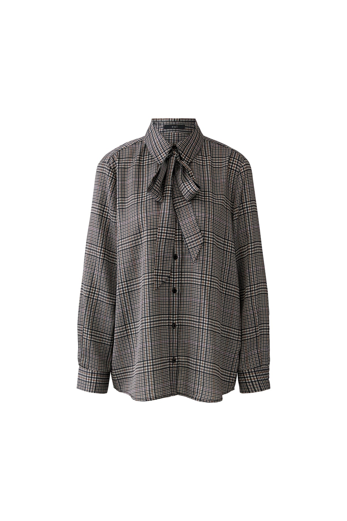 Oui brown check tie-neck blouse with button front – product front view