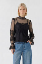 Oui black sheer lace high neck long sleeve top – front model view