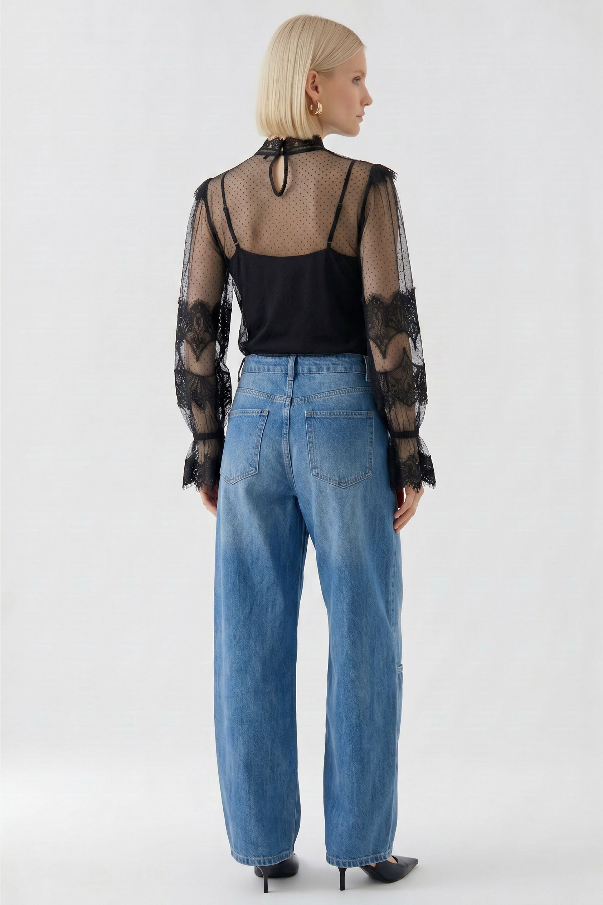 Oui black sheer long sleeve lace top – back model view