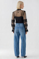 Oui black sheer long sleeve lace top – back model view
