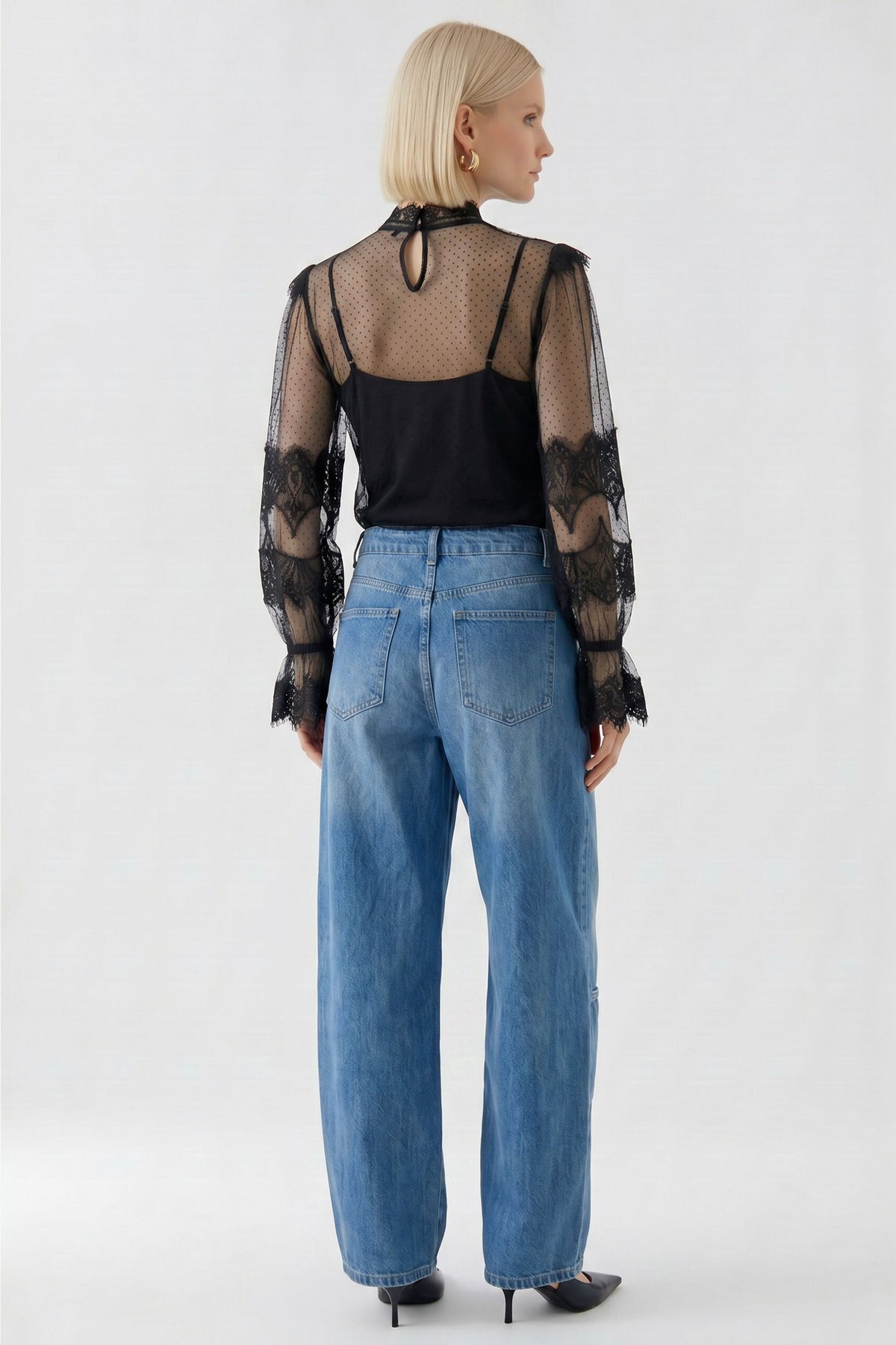 Oui black sheer long sleeve lace top – back model view