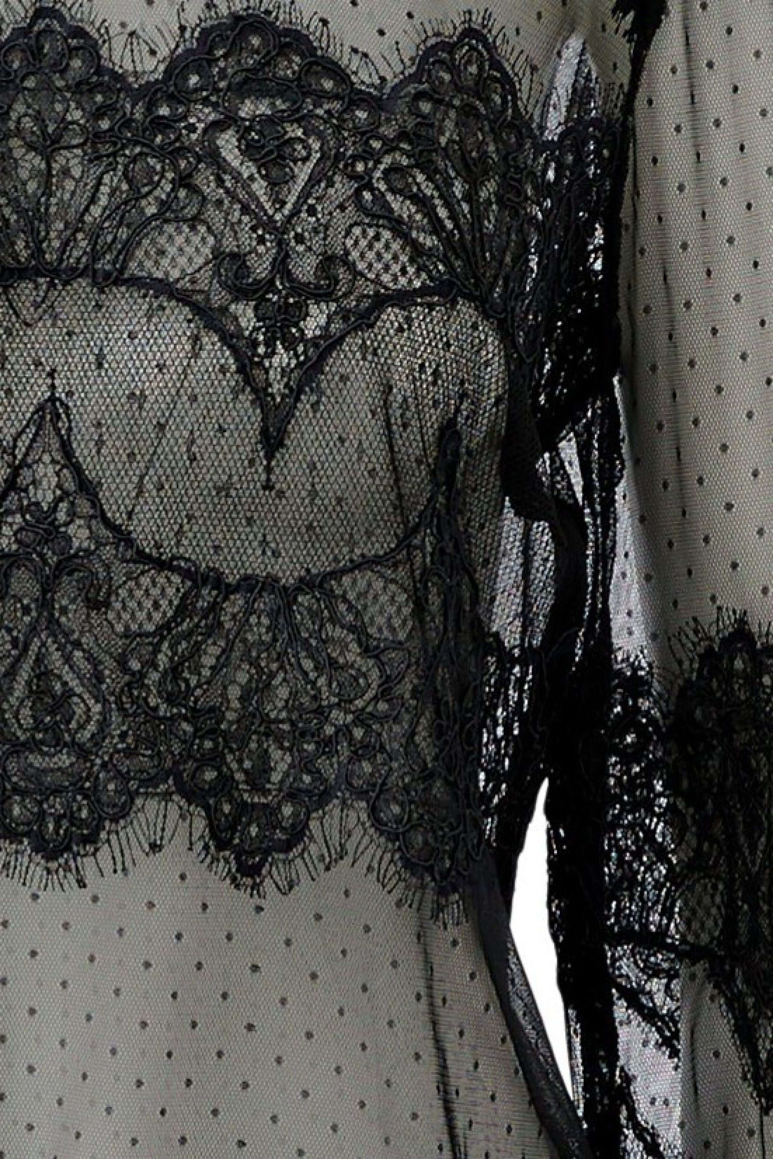 Oui black sheer mesh top with floral lace panel – close-up detail