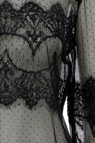 Oui black sheer mesh top with floral lace panel – close-up detail