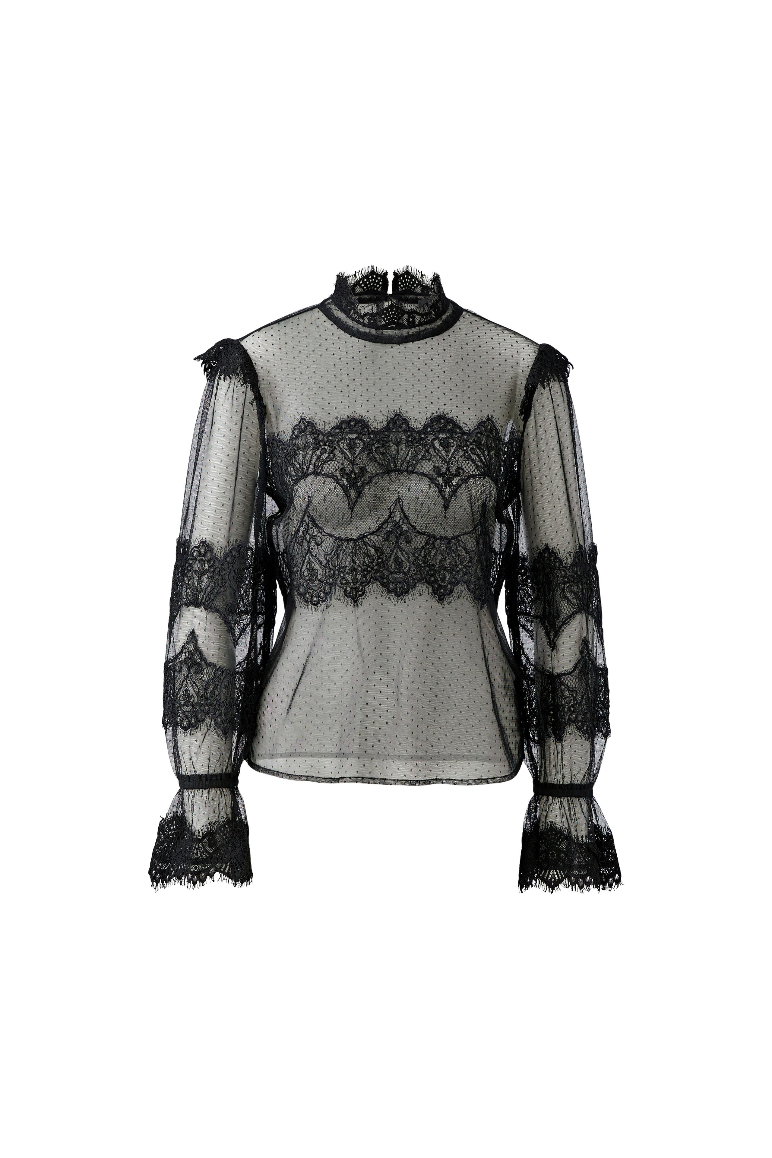 Oui black sheer mesh and floral lace high neck top – product front view