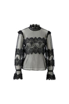 Oui black sheer mesh and floral lace high neck top – product front view