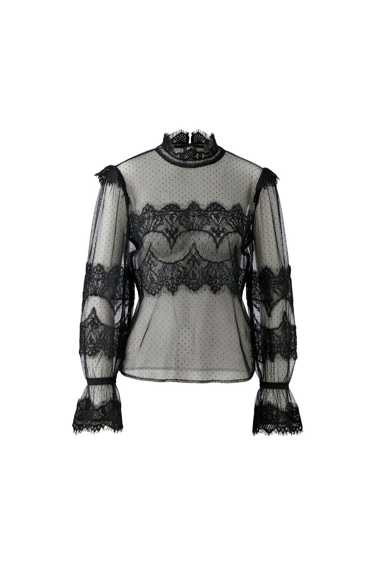 Oui black sheer mesh and floral lace high neck top – product front view