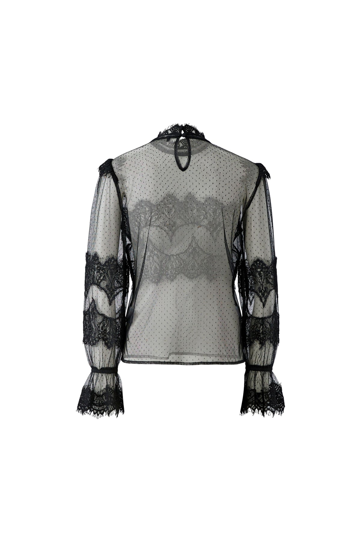 Oui black sheer lace long sleeve top with scalloped cuffs – product back view