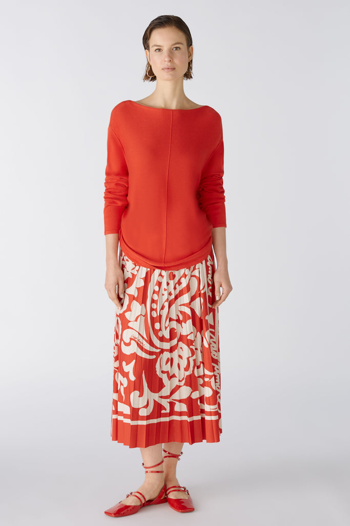 Oui Red/Cream Tropical Floral Print Pleated Long Skirt