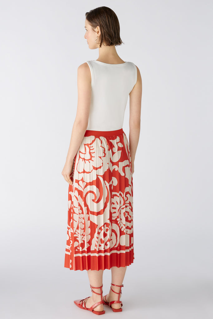 Oui Red/Cream Tropical Floral Print Pleated Midi Skirt From Back