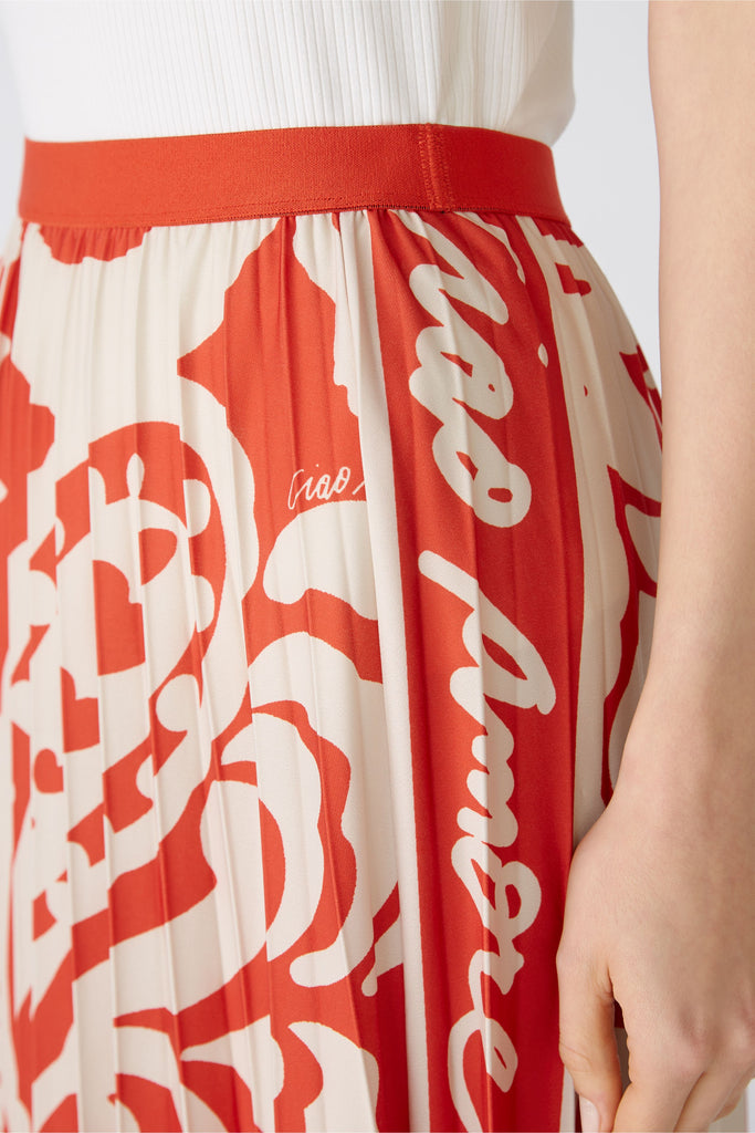 Oui Red/Cream Tropical Floral Print Pleated Midi Skirt Details