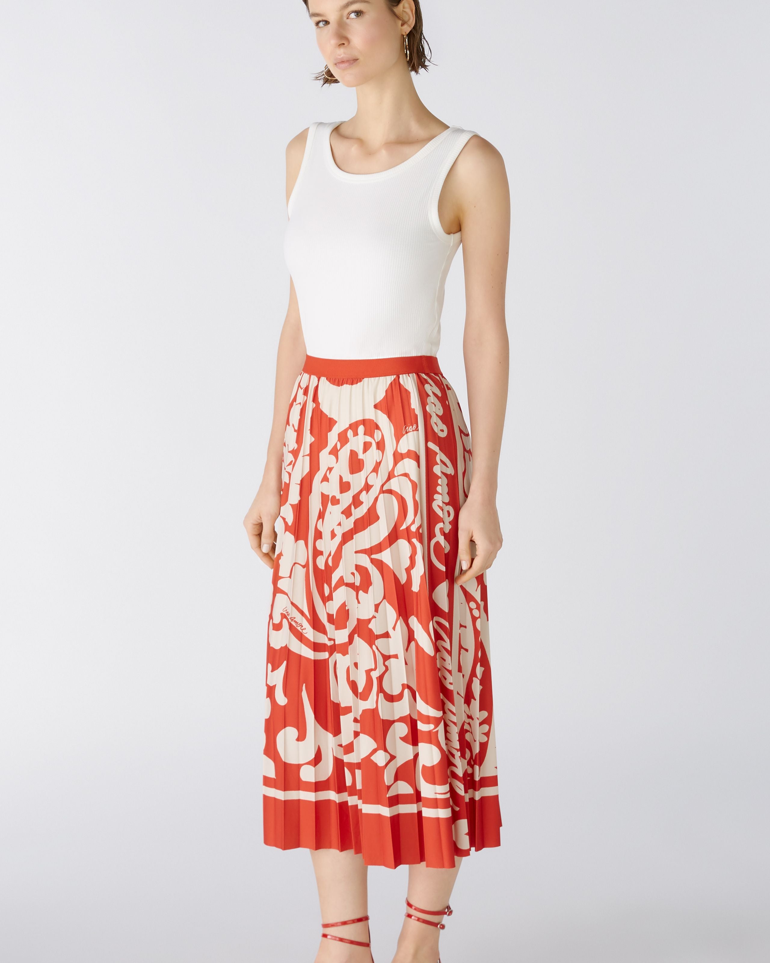 Oui Red/Cream Tropical Floral Print Long Pleated Skirt