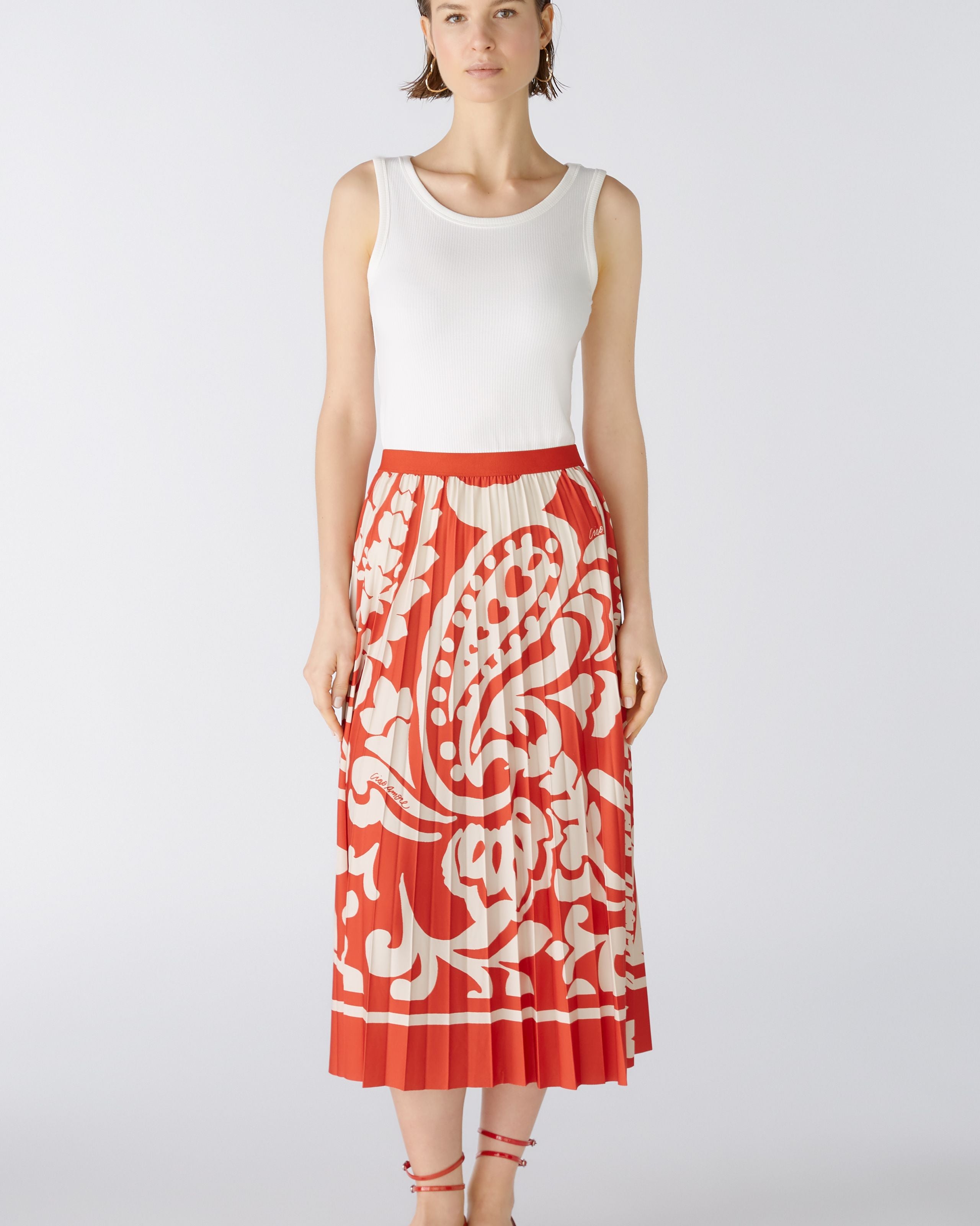 Oui Red/Cream Tropical Floral Print Pleated Midi Skirt With Elasticated Waist