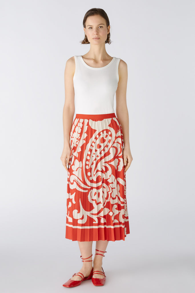 Oui Red/Cream Tropical Floral Print Pleated Midi Skirt With Elasticated Waist