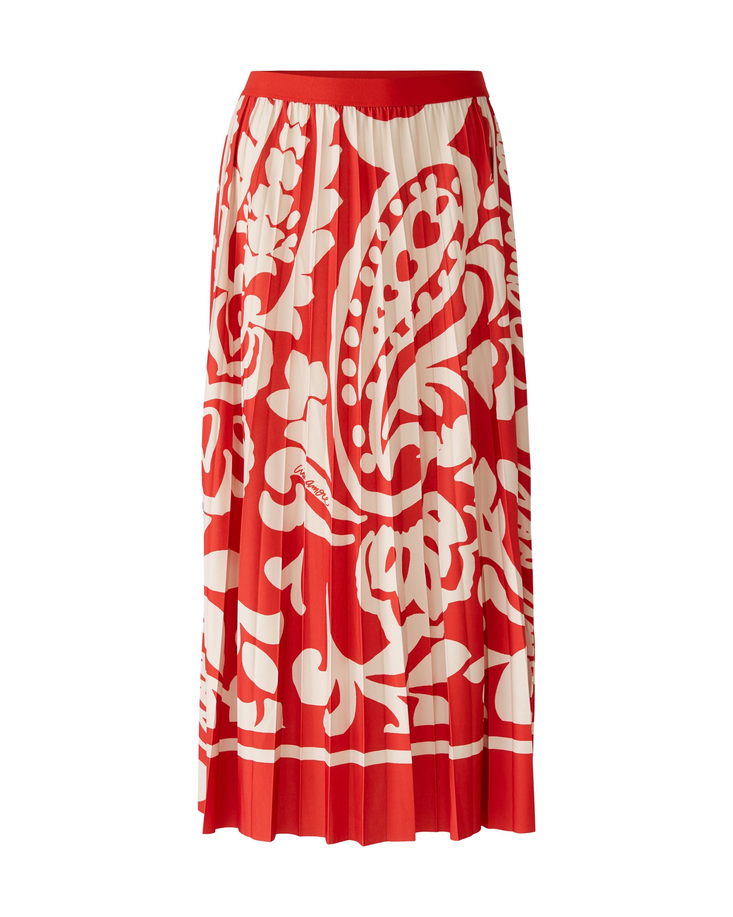  Oui Red/Cream Tropical Floral Print Pleated Midi Skirt Front 