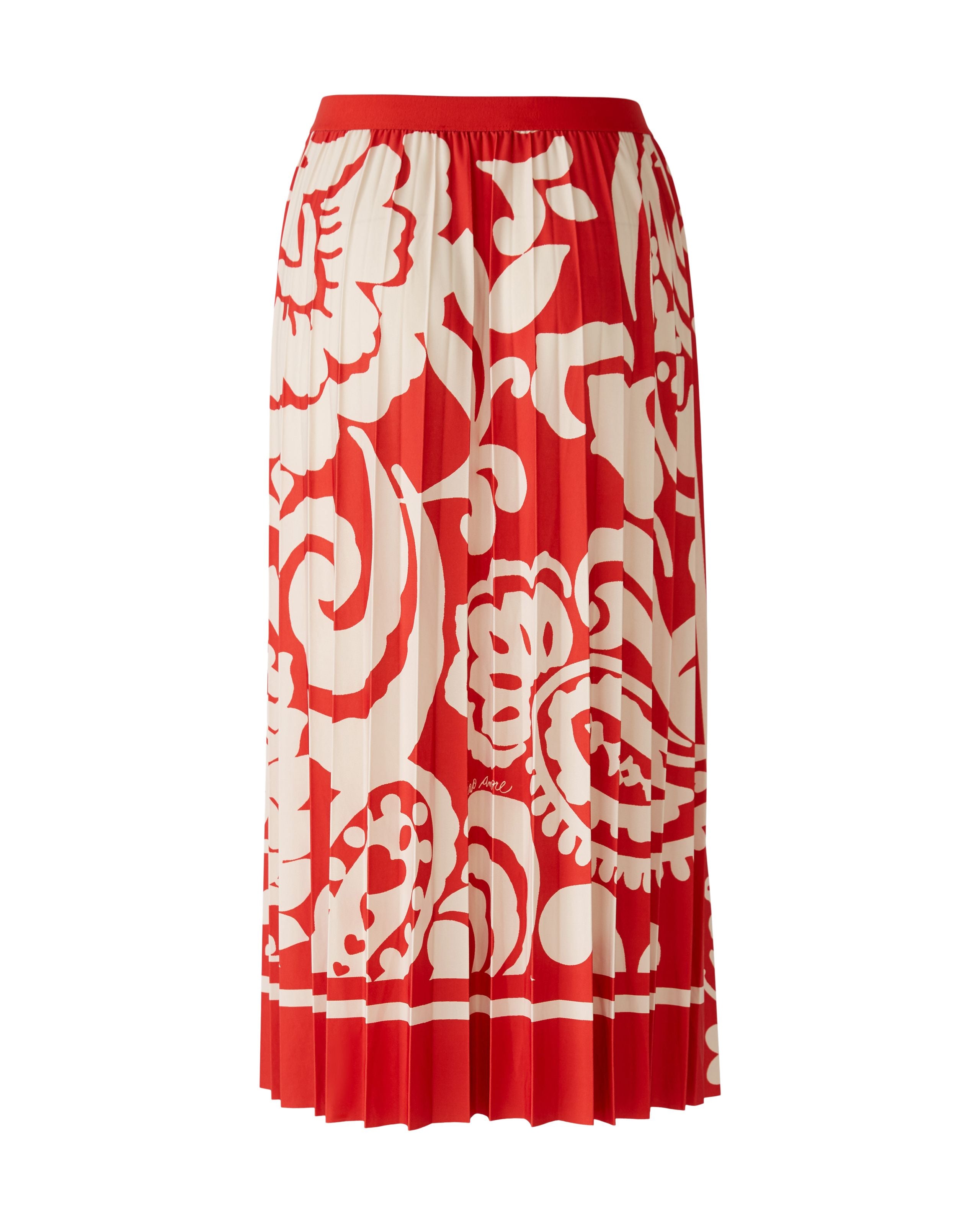 Oui Red/Cream Tropical Floral Print Pleated Midi Skirt Back 