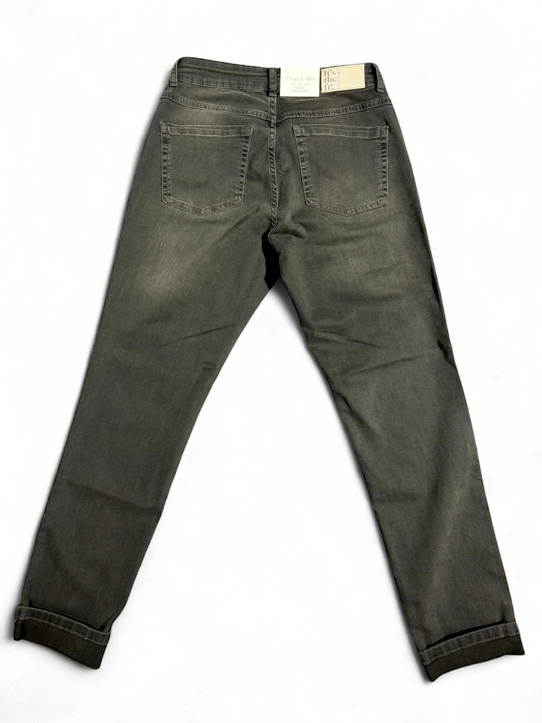 	Back view of Para Mi Bowie jeans in washed green finish