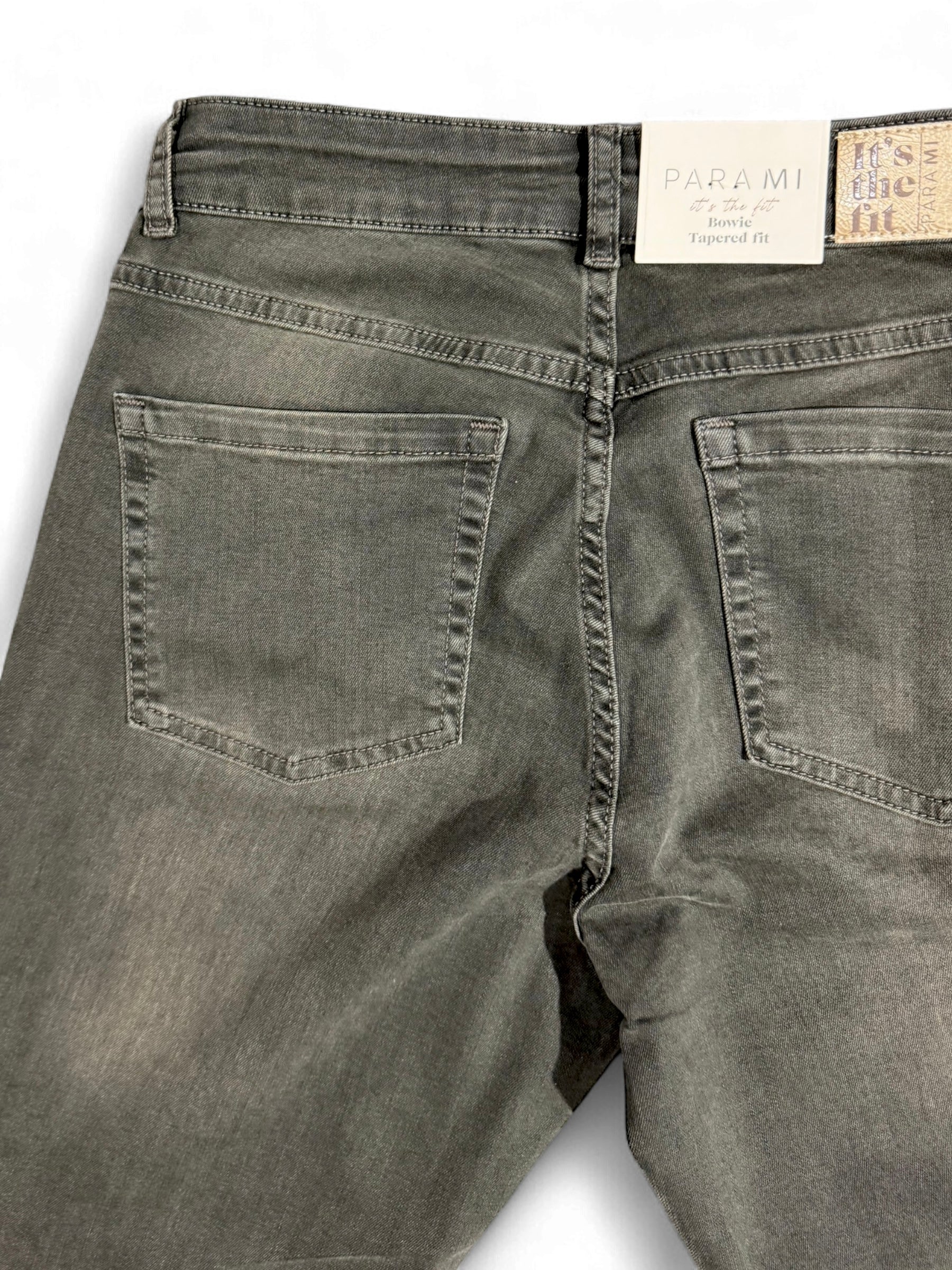 Detailed close-up of green denim fabric and stitching from back