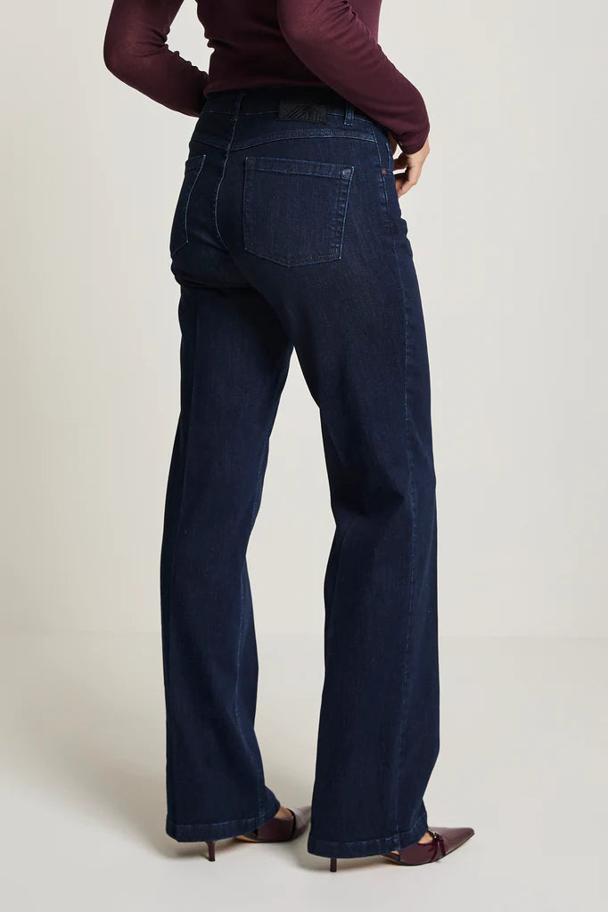 Back view of Para Mi high rise wide leg jeans with tonal stitching