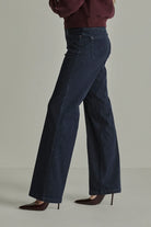 Para Mi Eve Pure Indigo stretch wide leg jeans styled with burgundy top