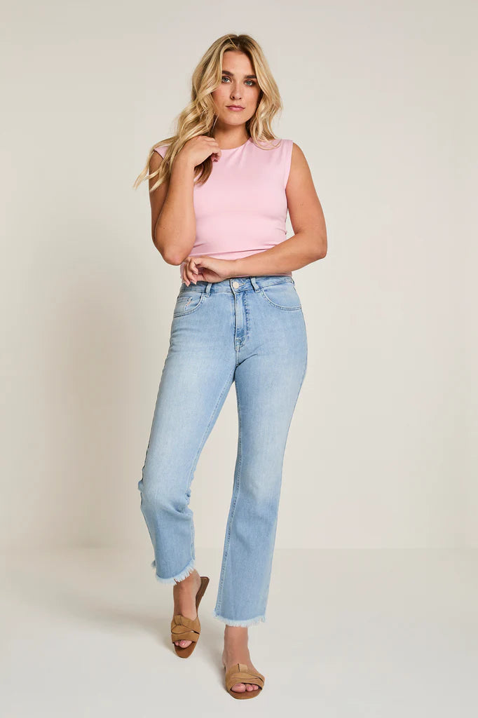 Para Mi Mila Mini Flare Jeans light blue wash high rise cropped flare front view