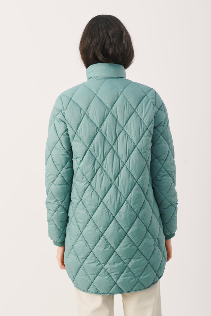 Part Two Long Quilted Funnel Neck Coat - Sea Green