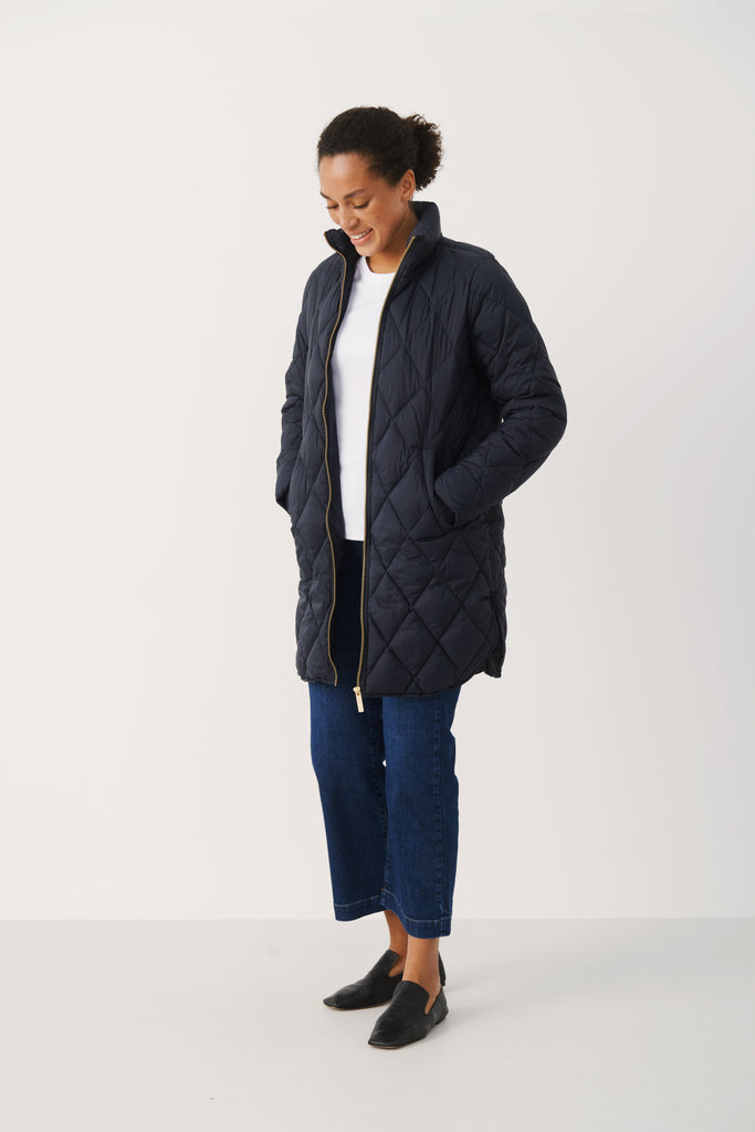 Part Two Long Quilted Funnel Neck Navy Jacket