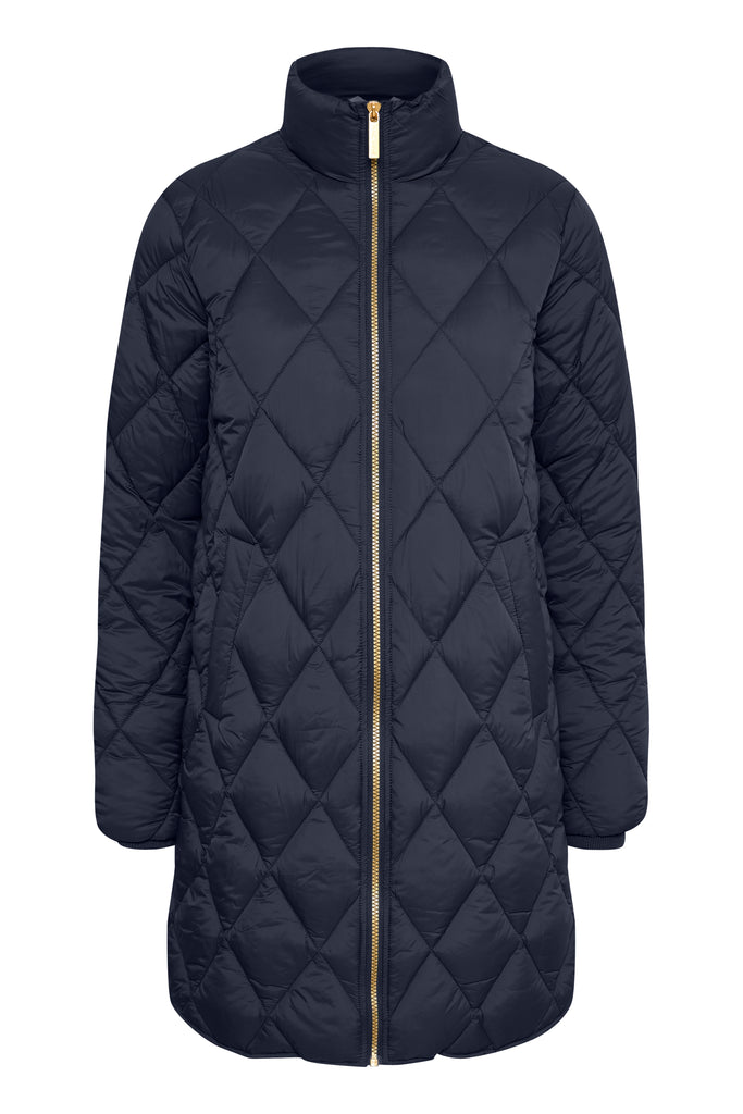 Part Two Long Quilted Funnel Neck Coat - Dark Navy
