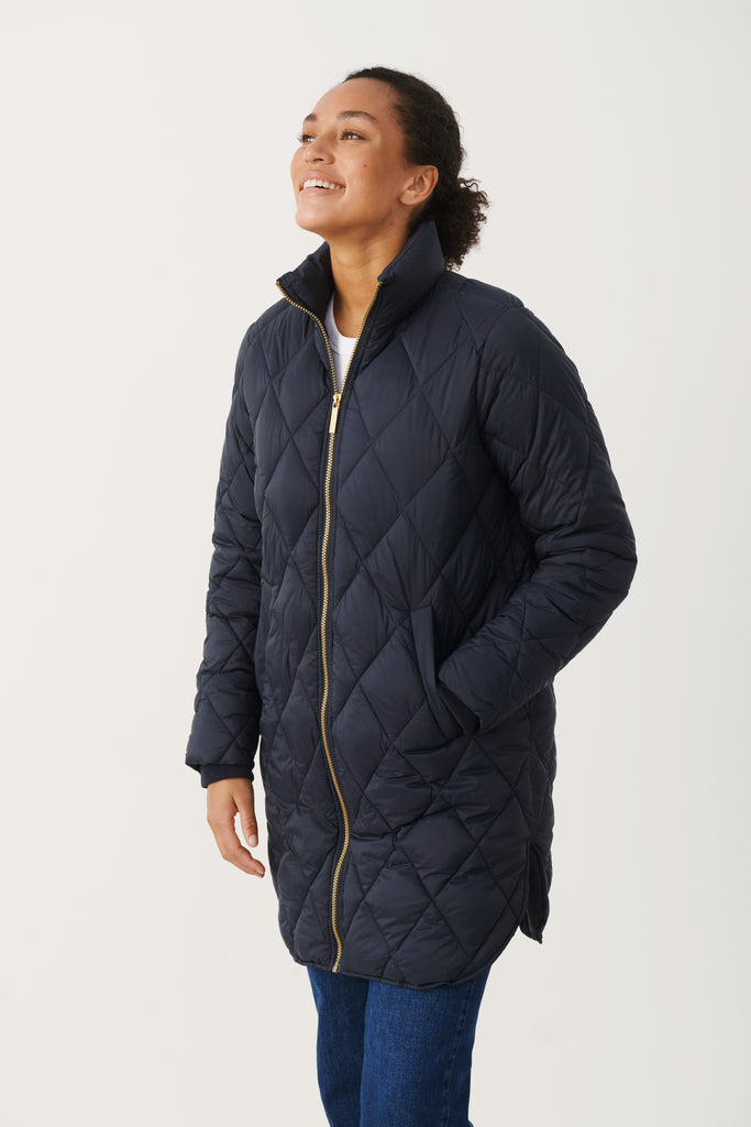 Part Two Long Quilted Funnel Neck Coat - Navy
