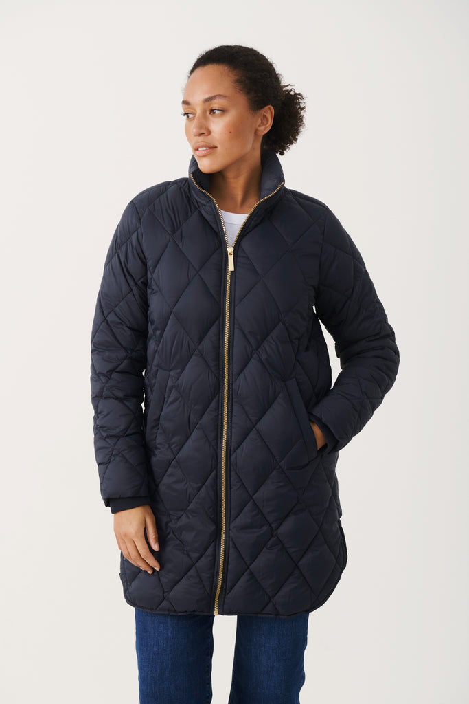Part Two Long Quilted Funnel Neck Coat in Navy