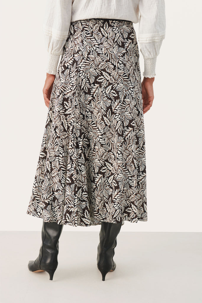 Part Two Rin Black/Cream Leaf Print Midi Skirt From The Back