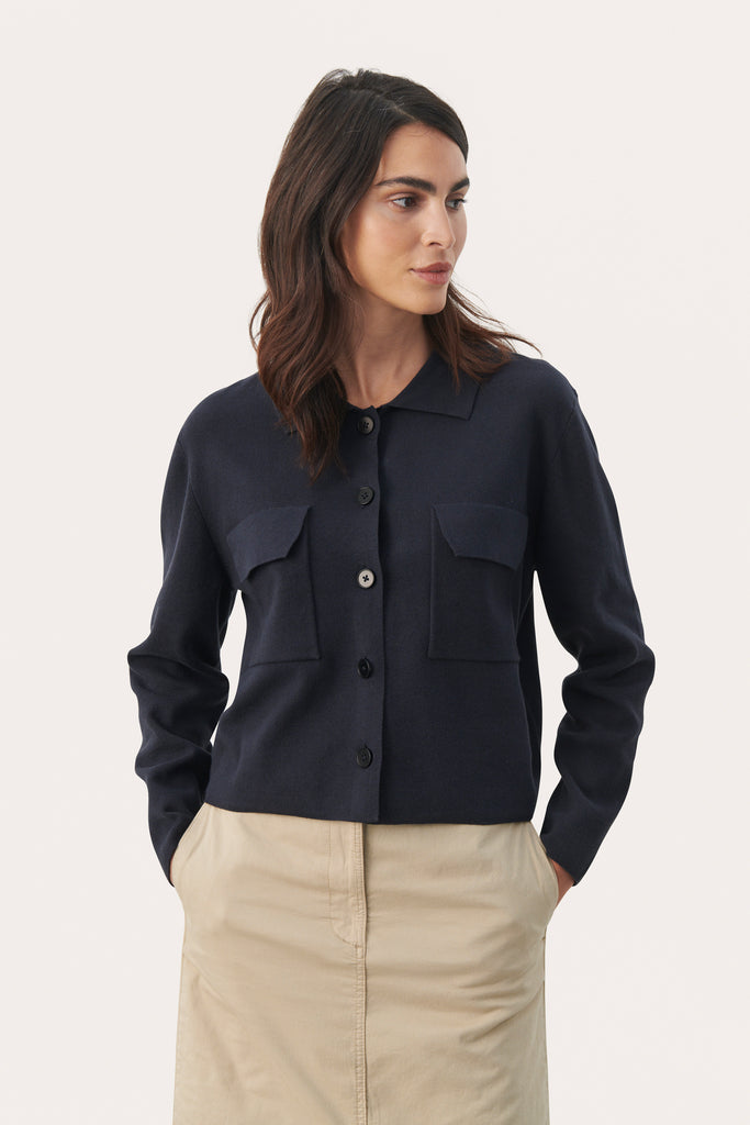 Part Two Frieda Collared Patch Pocket Cardigan In Navy