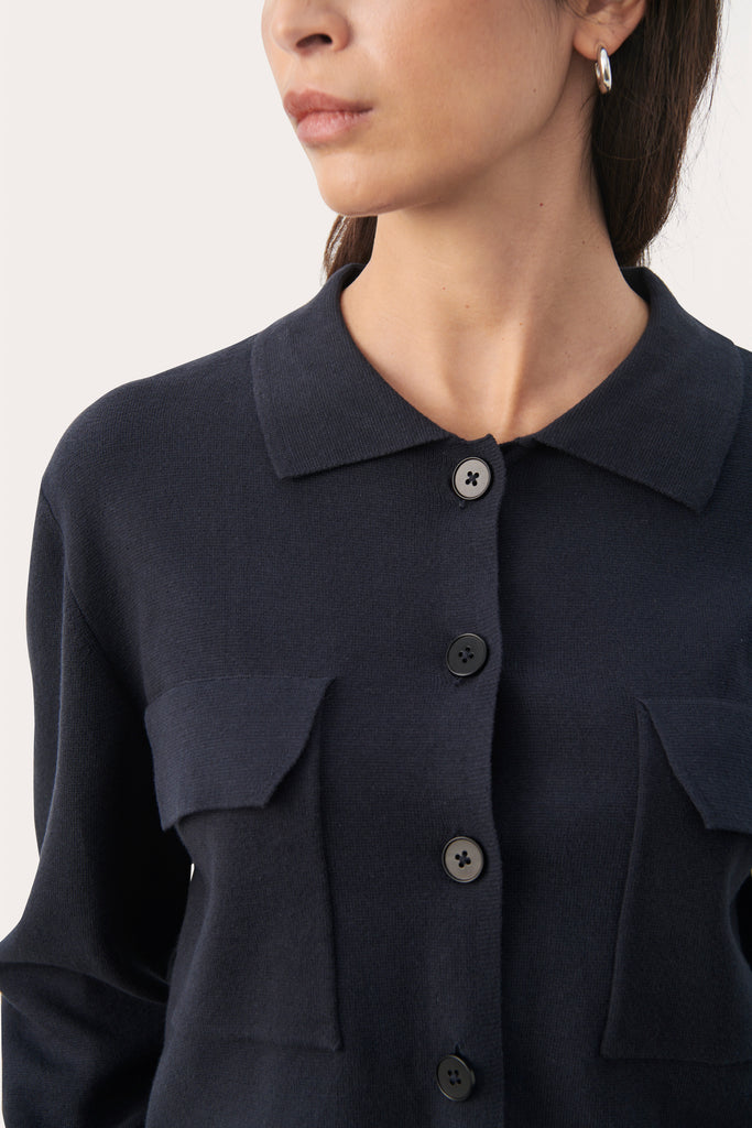Part Two Frieda Collared Navy Patch Pocket Cardigan
